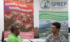 Director of Environment, Monitoring and Governance, Mr Jope Davetanivalu is being interviewed by journalist Marc Membere
