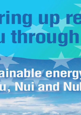 An image of the sky, land area and sea overlayed with text saying "Powering Up Remote Tuvalu through Solar Sustainable energy for Nukufetau, Nui and Nukulaelae"