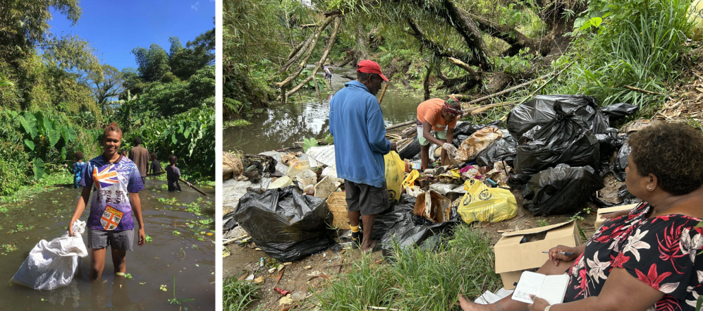 (Left) Virana Siro during a community clean-up along the Tagabe River. Photo by Touasi Kalsaria Tiwok. (Right) Community members joined in large numbers to help with the cleanup. Photo by SPREP.